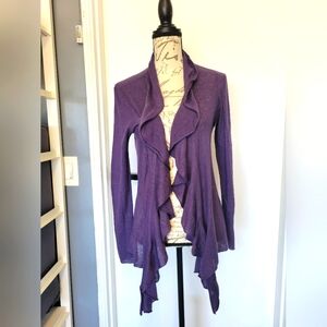 Eileen Fisher Purple Open Front‎ Ruffles Knit Lightweight Cardigan Size Small